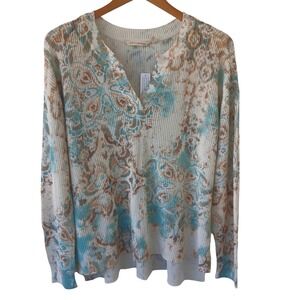 Soft Surroundings Women M Abstract Paisley Split Neck Knit Sweater Turquoise